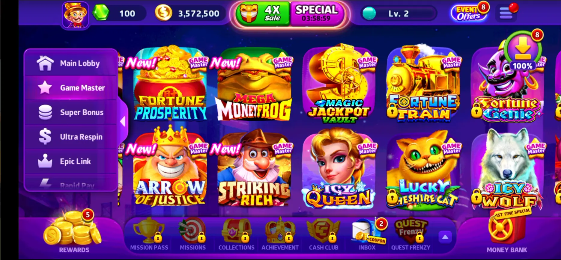 Cash Frenzy 777 Games List Screen